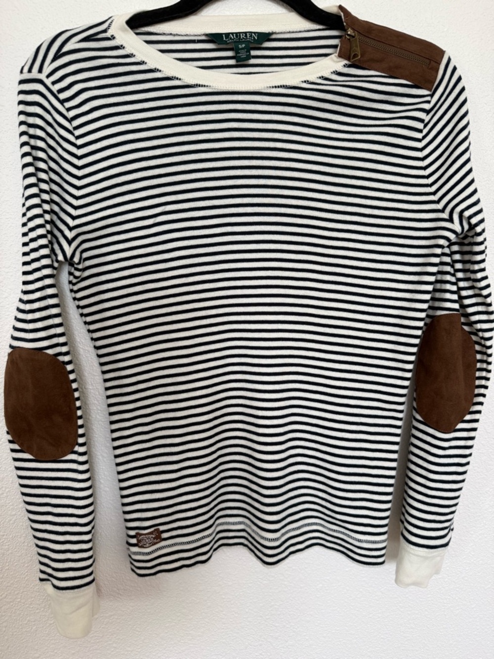 Lauren Ralph Lauren Striped Nautical Zip Shoulder Elbow Patch Top S/P - Picture 4 of 9